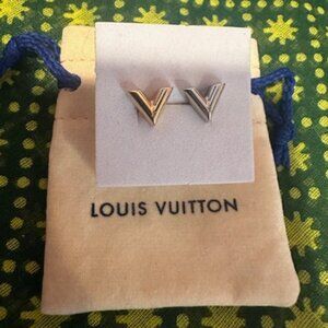 Authentic Louis Vuitton Essential V Stud Earrings Mixed Metal (1 Gold, 1 Silver)